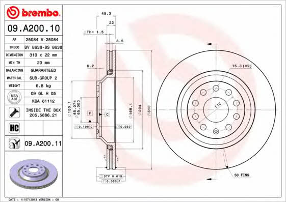 Rear vented brake disc Brembo 09.A200.11