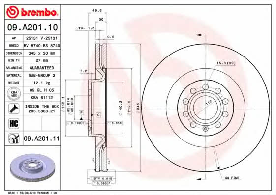 Brembo 09.A201.10 Front brake disc ventilated 09A20110