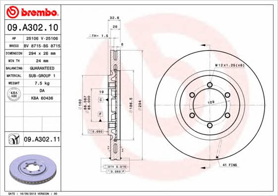 Brembo 09.A302.10 Ventilated disc brake, 1 pcs. 09A30210