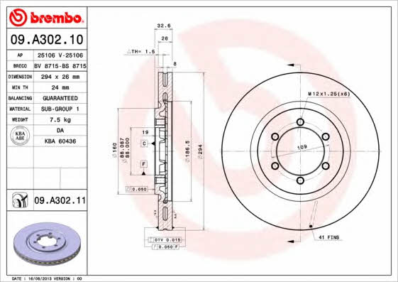 Ventilated disc brake, 1 pcs. Brembo 09.A302.11