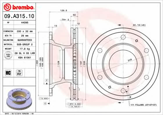 Vented brake disc, 1 pc Brembo 09.A315.10