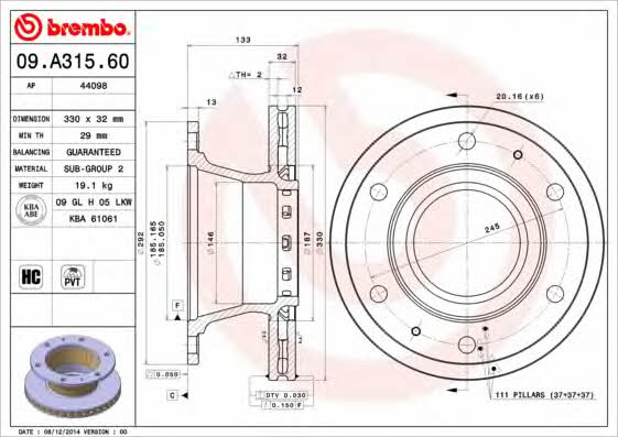 Rear vented brake disc Brembo 09.A315.60