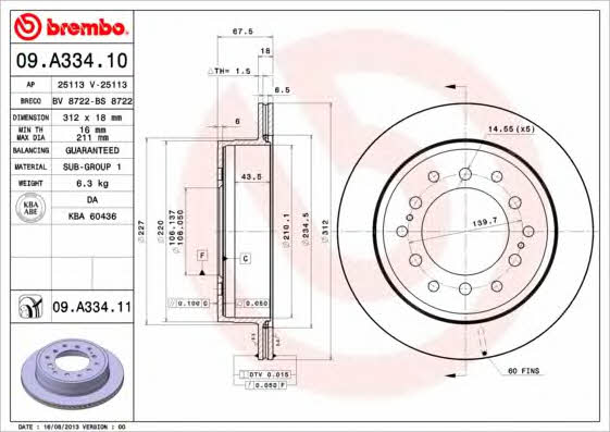 Brembo 09.A334.10 Rear ventilated brake disc 09A33410