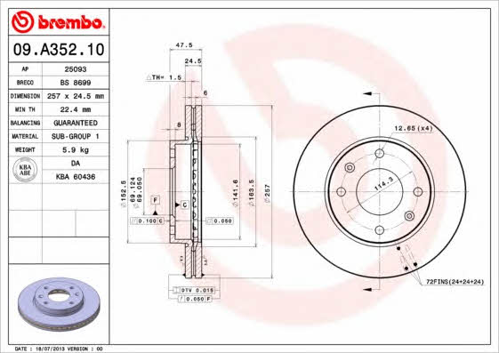 Vented brake disc, 1 pc Brembo 09.A352.10