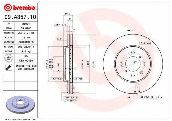 Vented brake disc, 1 pc Brembo 09.A357.10