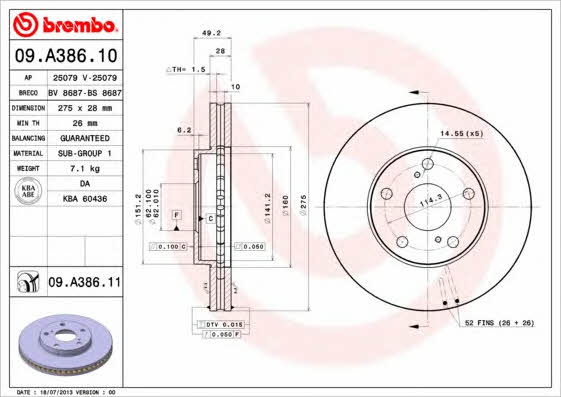 Ventilated disc brake, 1 pcs. Brembo 09.A386.11