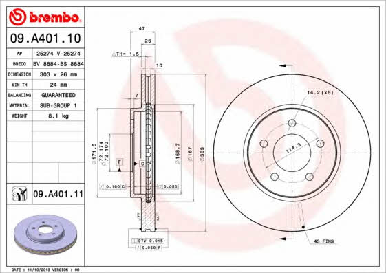 Brembo 09.A401.10 Ventilated disc brake, 1 pcs. 09A40110