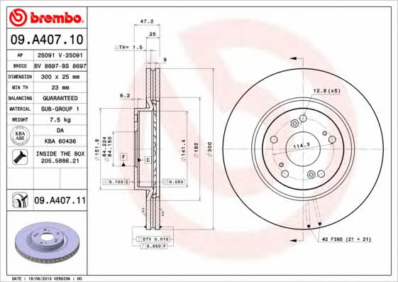 Front vented brake disc Brembo 09.A407.11