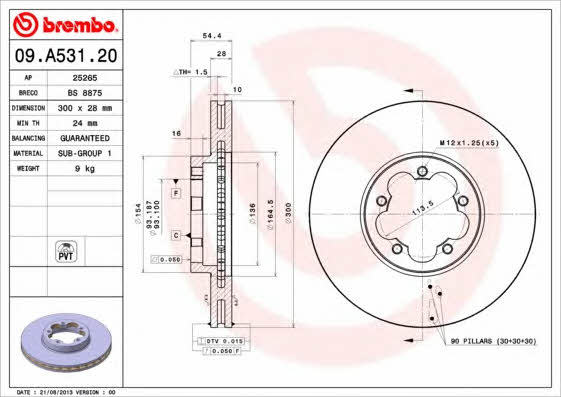 Front vented brake disc Brembo 09.A531.20
