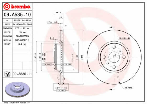 Brembo 09.A535.10 Ventilated disc brake, 1 pcs. 09A53510