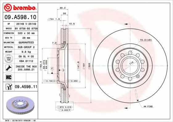 Brembo 09.A598.10 Front brake disc ventilated 09A59810