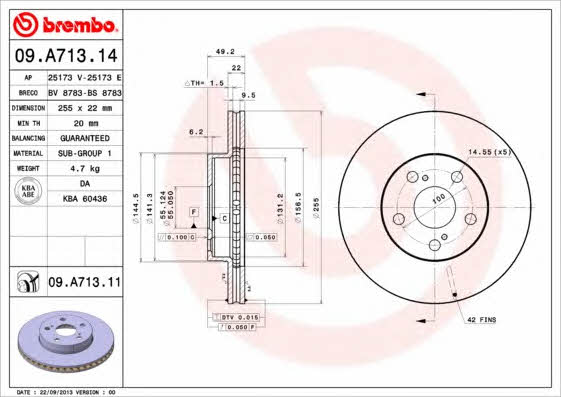 Brembo 09.A713.14 Ventilated disc brake, 1 pcs. 09A71314