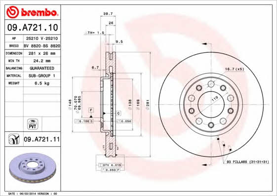 Vented brake disc, 1 pc Brembo 09.A721.11