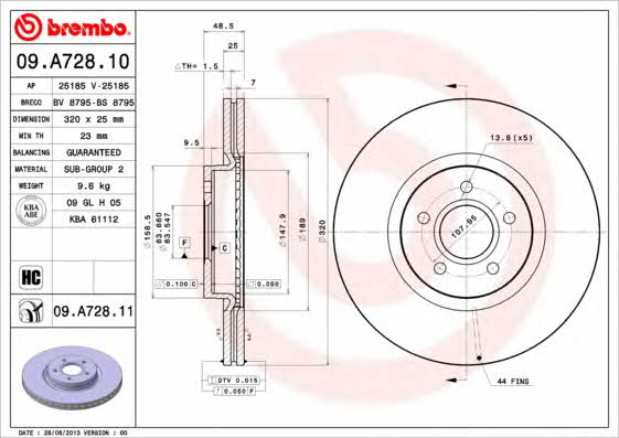 Brembo 09.A728.10 Ventilated disc brake, 1 pcs. 09A72810