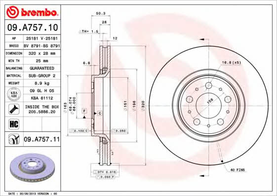 Brembo 09.A757.10 Ventilated disc brake, 1 pcs. 09A75710