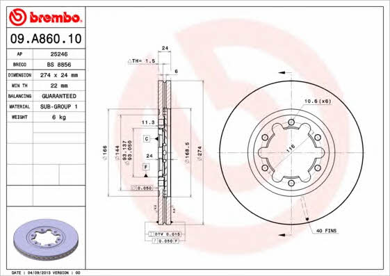 Vented brake disc, 1 pc Brembo 09.A860.10