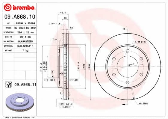 Ventilated disc brake, 1 pcs. Brembo 09.A868.10