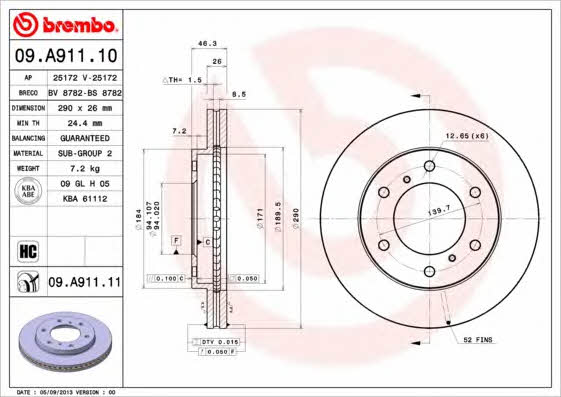 Front vented brake disc Brembo 09.A911.11