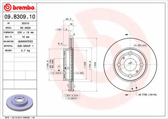 Ventilated disc brake, 1 pcs. Brembo 09.B309.10