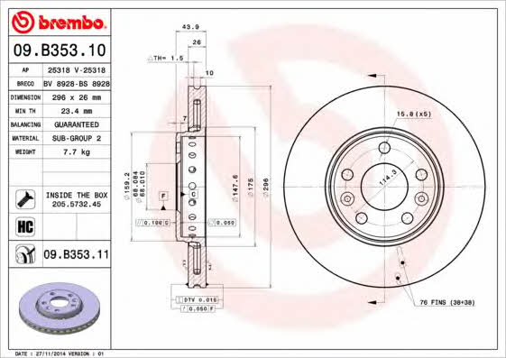 Brembo 09.B353.10 Ventilated disc brake, 1 pcs. 09B35310