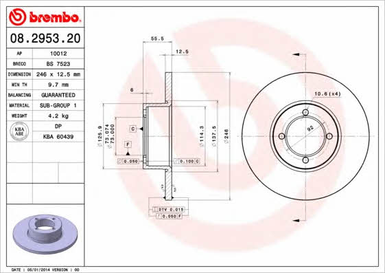Unventilated front brake disc Brembo 08.2953.20