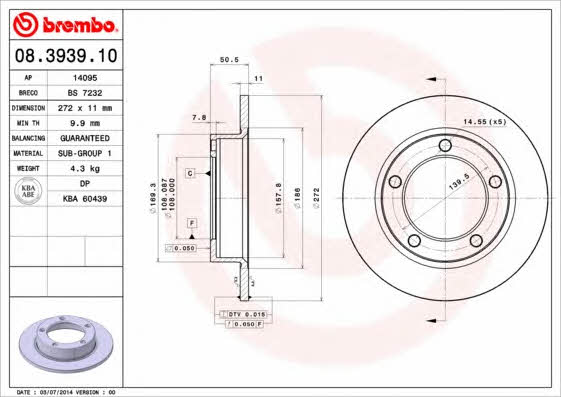 Unventilated front brake disc Brembo 08.3939.10