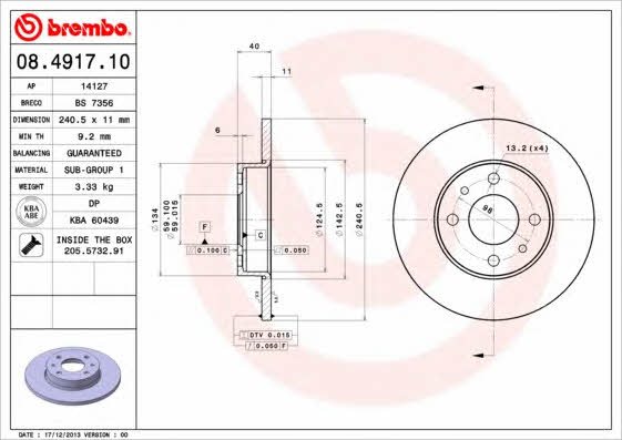 Rear brake disc, non-ventilated Brembo 08.4917.10