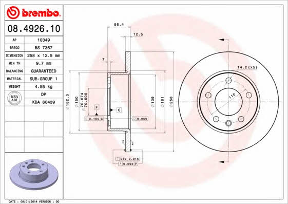 Unventilated front brake disc Brembo 08.4926.10