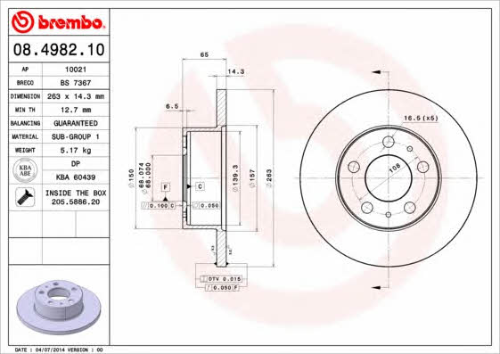 Unventilated front brake disc Brembo 08.4982.10