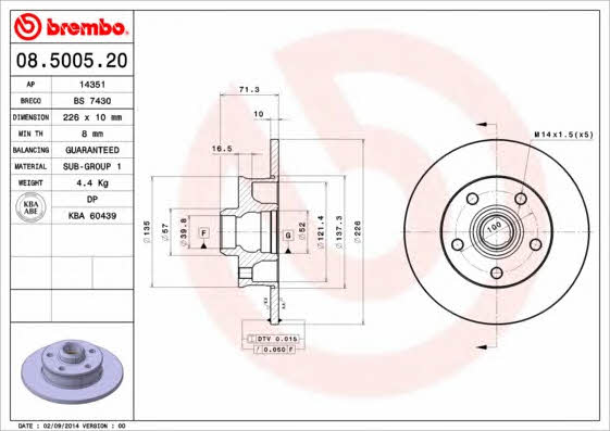 Rear solid brake disc Brembo 08.5005.20