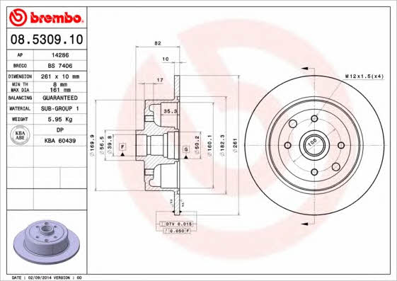 Rear brake disc, non-ventilated Brembo 08.5309.10