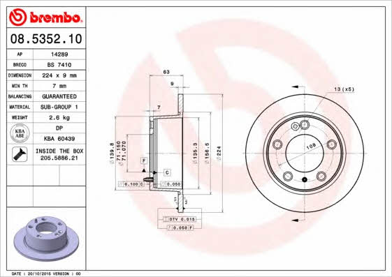 Rear brake disc, non-ventilated Brembo 08.5352.10