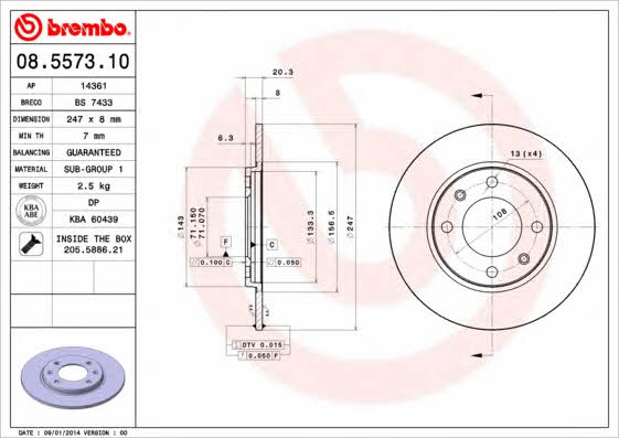 Rear brake disc, non-ventilated Brembo 08.5573.10