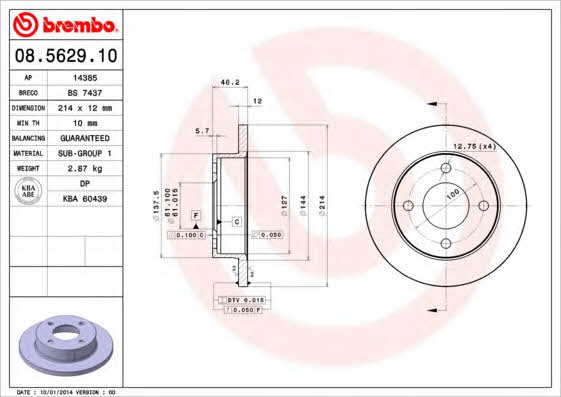 Unventilated front brake disc Brembo 08.5629.10