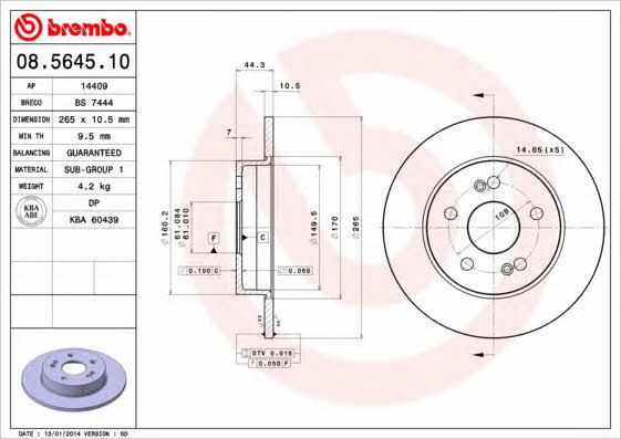 Rear brake disc, non-ventilated Brembo 08.5645.10