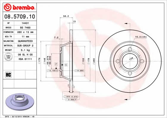 Unventilated front brake disc Brembo 08.5709.10