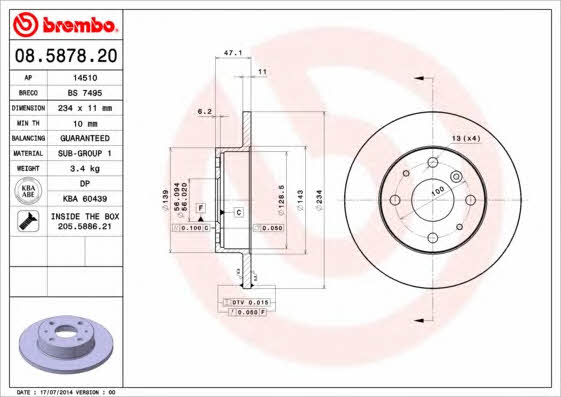 Brembo 08.5878.20 Unventilated front brake disc 08587820
