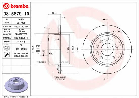 Rear brake disc, non-ventilated Brembo 08.5879.10