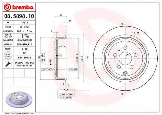 Rear brake disc, non-ventilated Brembo 08.5898.10
