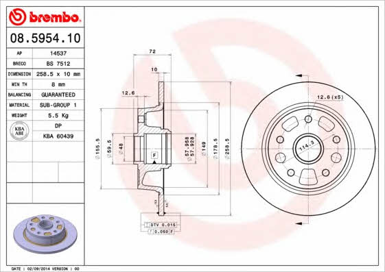 Brembo 08.5954.10 Rear brake disc, non-ventilated 08595410