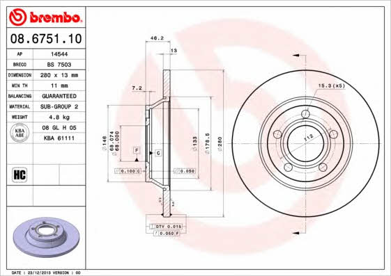 Unventilated front brake disc Brembo 08.6751.10