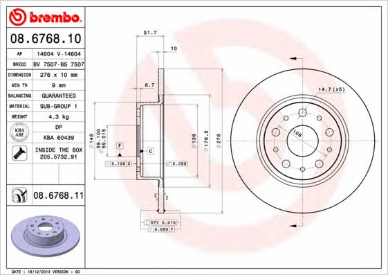 Brembo 08.6768.10 Rear brake disc, non-ventilated 08676810