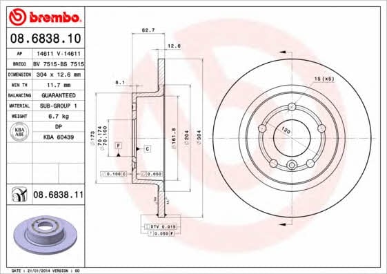Brembo 08.6838.10 Rear brake disc, non-ventilated 08683810