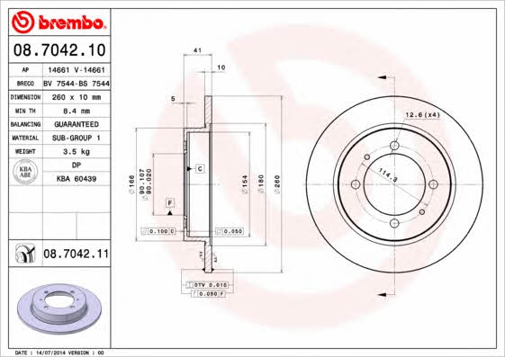 Brembo 08.7042.10 Rear brake disc, non-ventilated 08704210