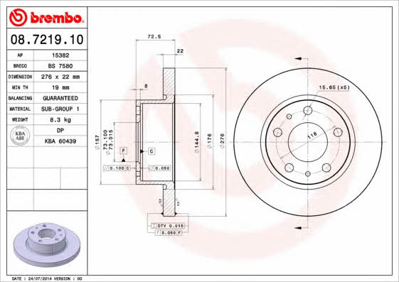 Unventilated front brake disc Brembo 08.7219.10