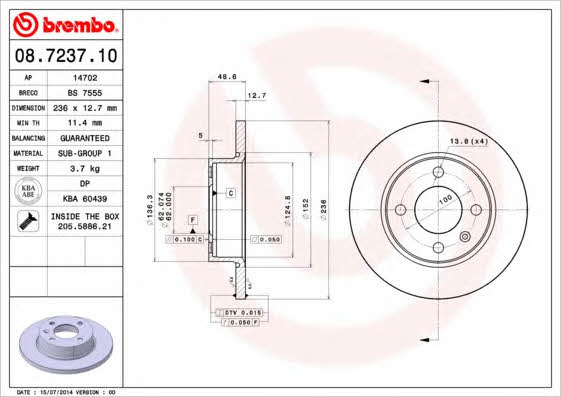 Unventilated front brake disc Brembo 08.7237.10