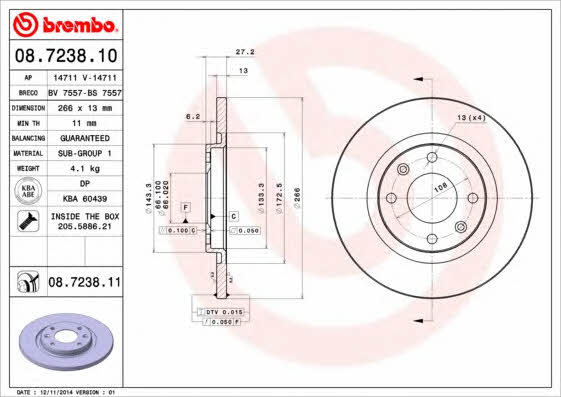 Unventilated front brake disc Brembo 08.7238.10