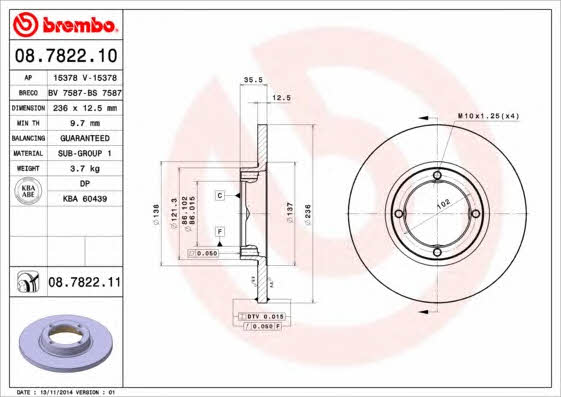 Unventilated front brake disc Brembo 08.7822.10