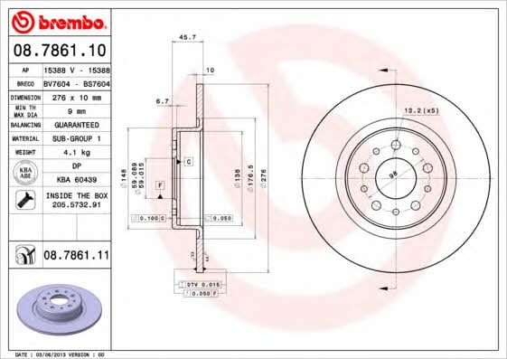 Brembo 08.7861.10 Rear brake disc, non-ventilated 08786110