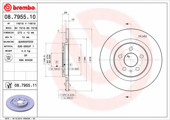 Brembo 08.7955.10 Rear brake disc, non-ventilated 08795510